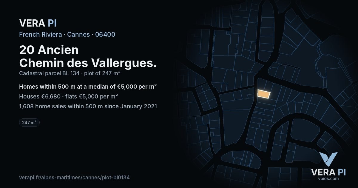 20 Ancien Chemin des Vallergues, Cannes at night – the plot lit, the parcels around coloured by the prices near them
