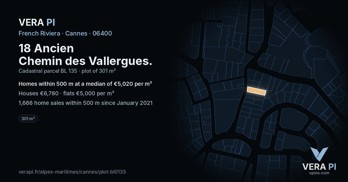 18 Ancien Chemin des Vallergues, Cannes at night – the plot lit, the parcels around coloured by the prices near them