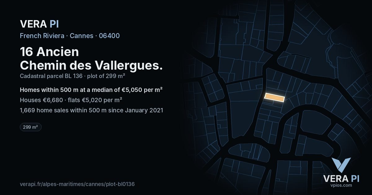 16 Ancien Chemin des Vallergues, Cannes at night – the plot lit, the parcels around coloured by the prices near them