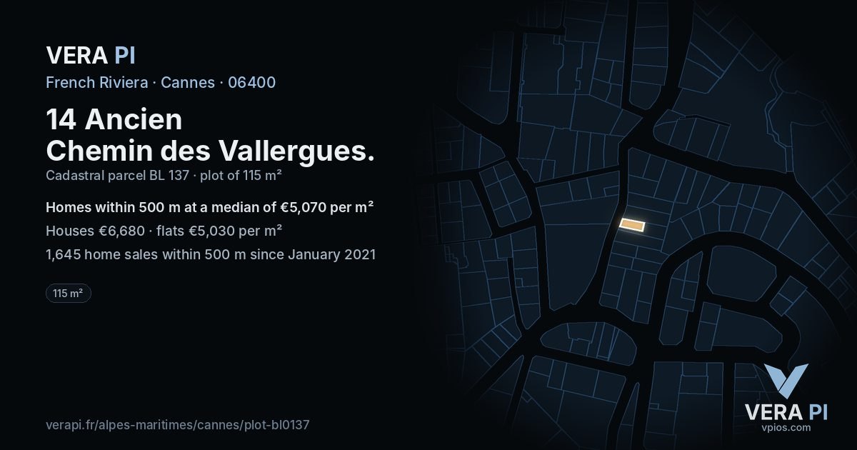 14 Ancien Chemin des Vallergues, Cannes at night – the plot lit, the parcels around coloured by the prices near them