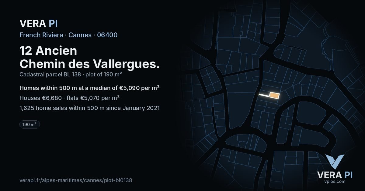 12 Ancien Chemin des Vallergues, Cannes at night – the plot lit, the parcels around coloured by the prices near them