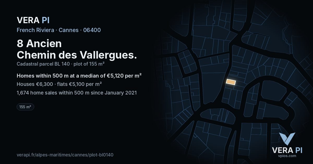8 Ancien Chemin des Vallergues, Cannes at night – the plot lit, the parcels around coloured by the prices near them