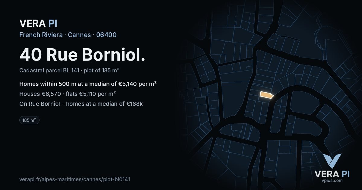 40 Rue Borniol, Cannes at night – the plot lit, the parcels around coloured by the prices near them