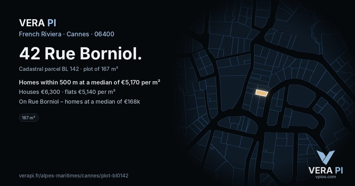 42 Rue Borniol, Cannes at night – the plot lit, the parcels around coloured by the prices near them