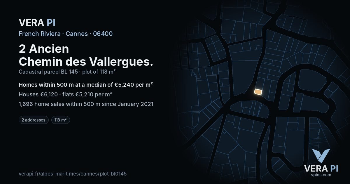 2 Ancien Chemin des Vallergues, Cannes at night – the plot lit, the parcels around coloured by the prices near them