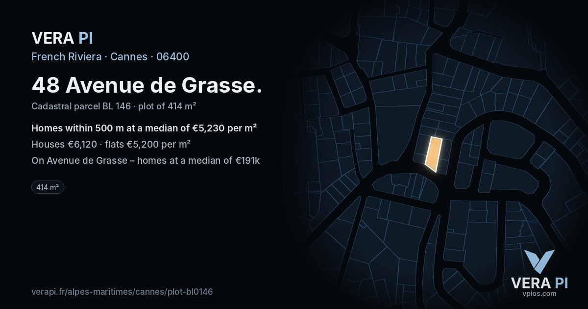 48 Avenue de Grasse, Cannes at night – the plot lit, the parcels around coloured by the prices near them