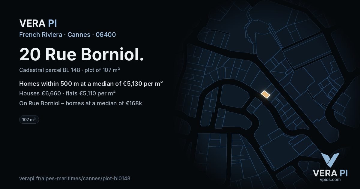 20 Rue Borniol, Cannes at night – the plot lit, the parcels around coloured by the prices near them
