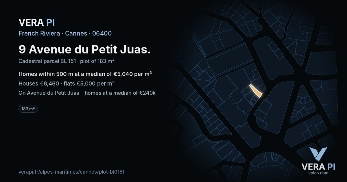 9 Avenue du Petit Juas, Cannes at night – the plot lit, the parcels around coloured by the prices near them