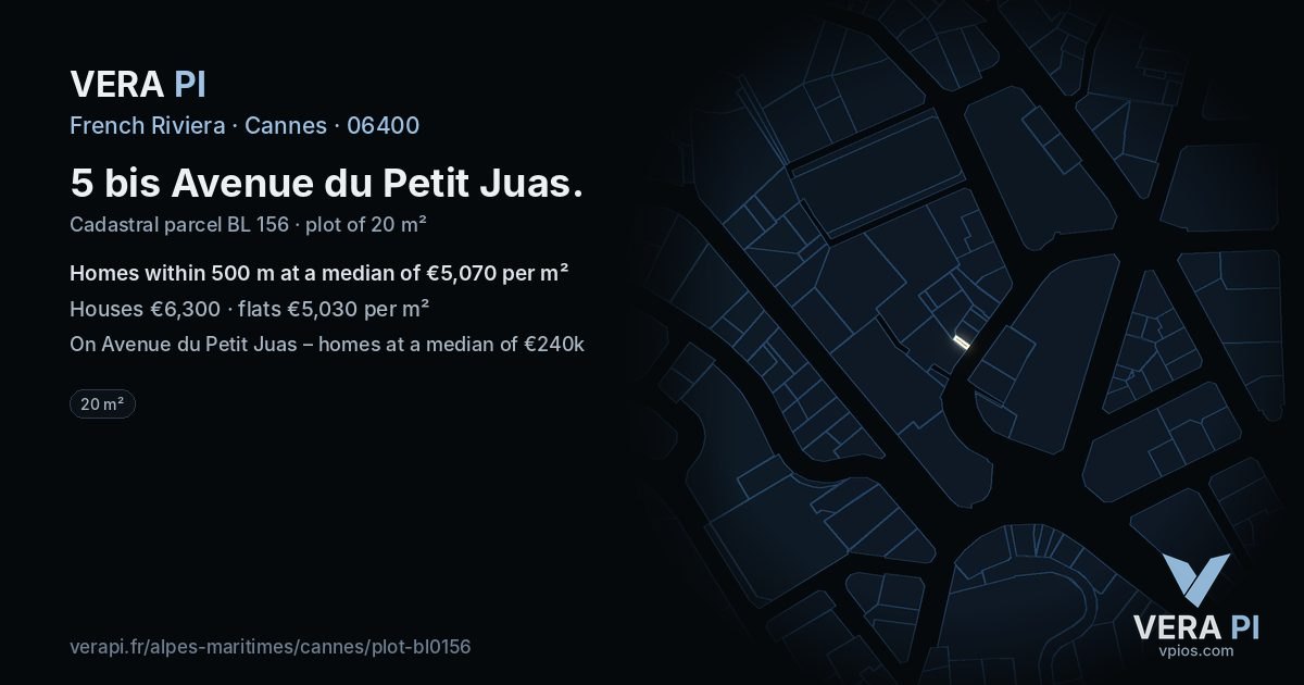 5 bis Avenue du Petit Juas, Cannes at night – the plot lit, the parcels around coloured by the prices near them