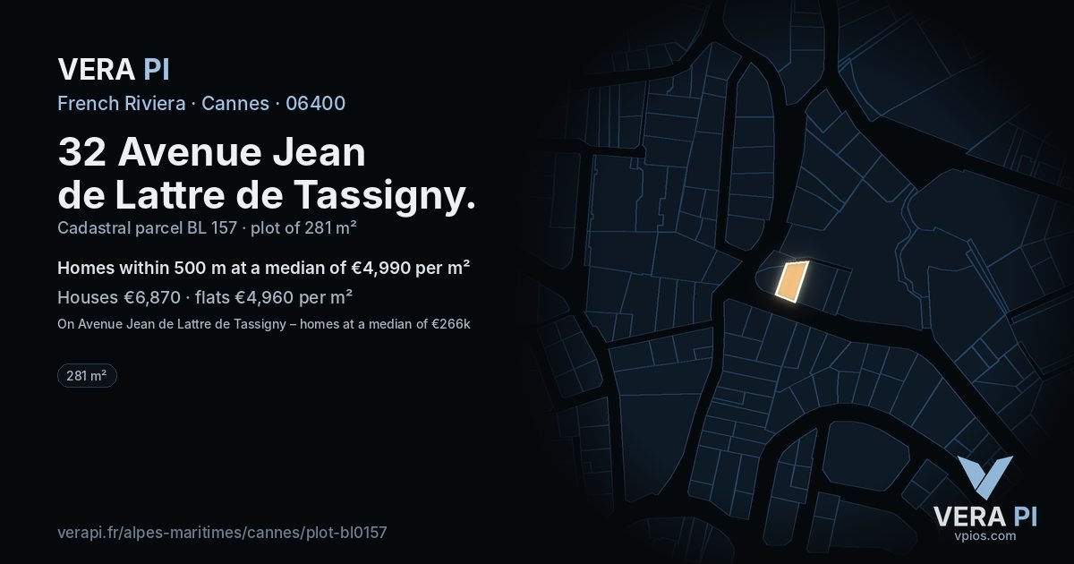 32 Avenue Jean de Lattre de Tassigny, Cannes at night – the plot lit, the parcels around coloured by the prices near them