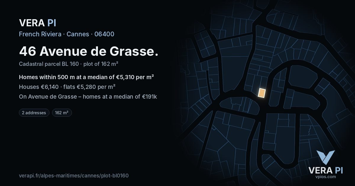 46 Avenue de Grasse, Cannes at night – the plot lit, the parcels around coloured by the prices near them