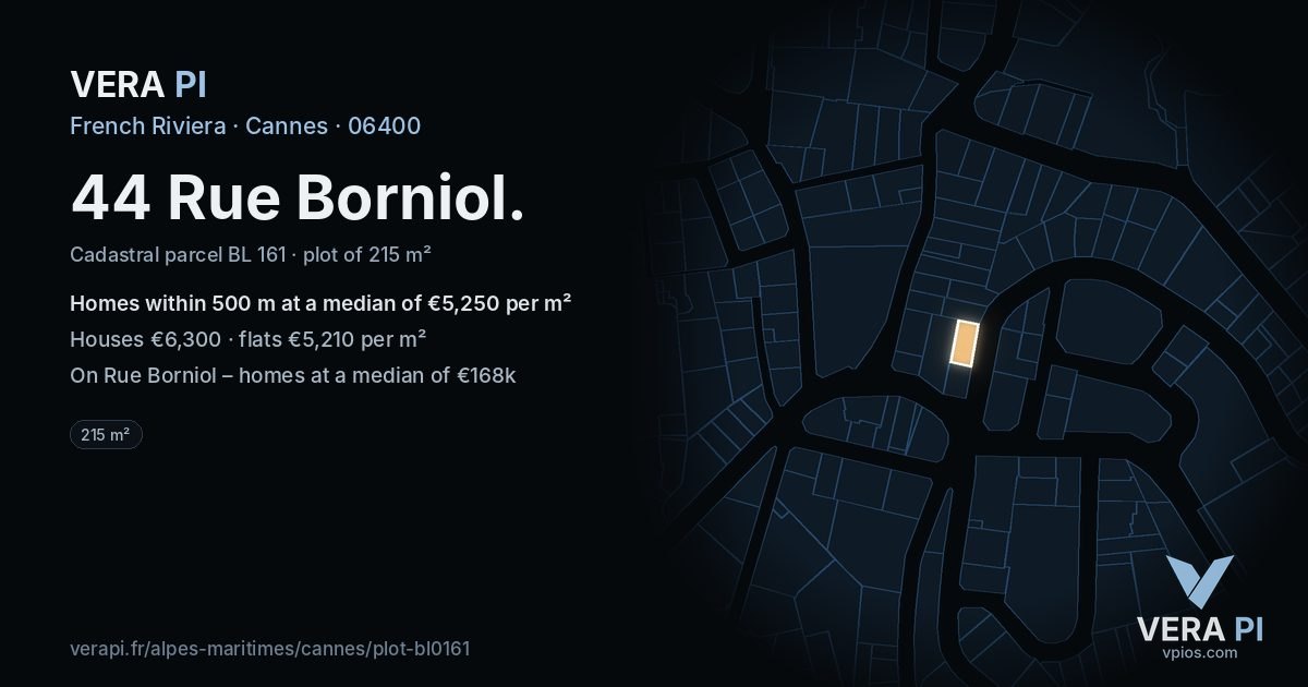 44 Rue Borniol, Cannes at night – the plot lit, the parcels around coloured by the prices near them