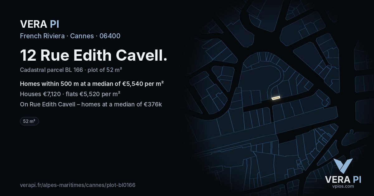 12 Rue Edith Cavell, Cannes at night – the plot lit, the parcels around coloured by the prices near them