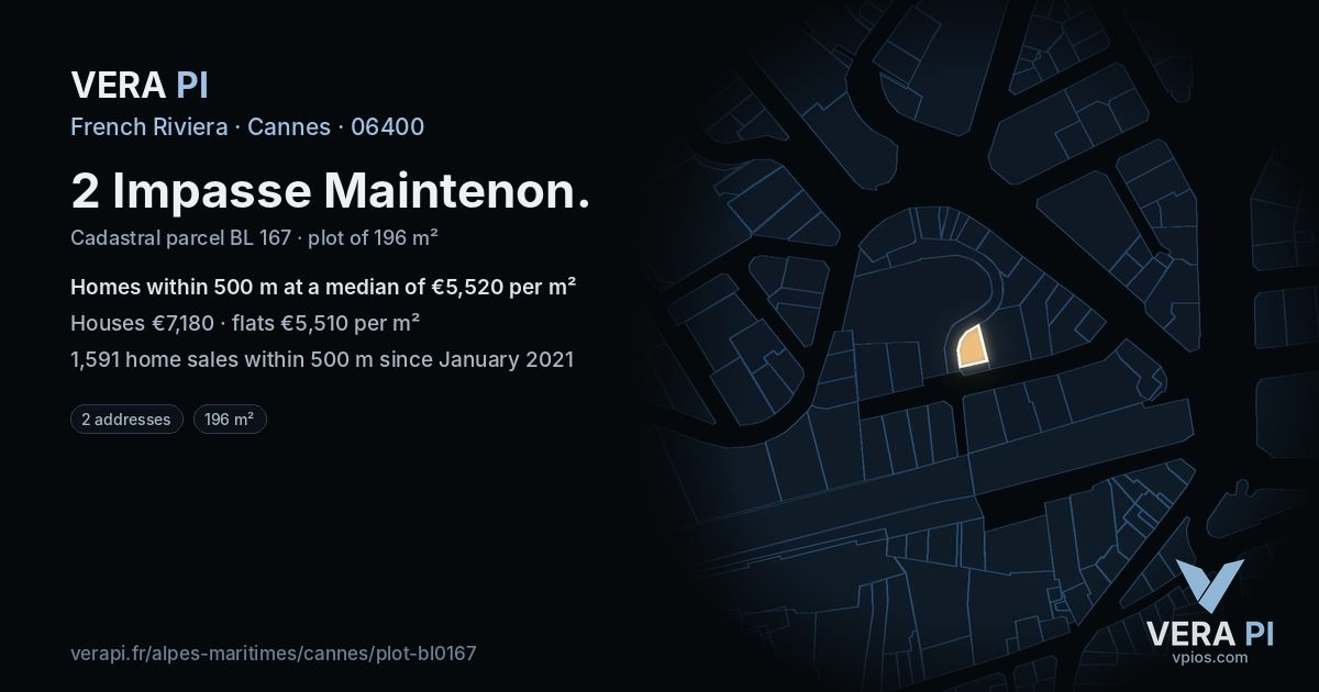 2 Impasse Maintenon, Cannes at night – the plot lit, the parcels around coloured by the prices near them