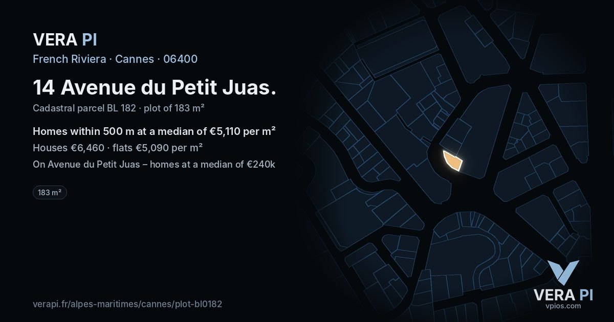 14 Avenue du Petit Juas, Cannes at night – the plot lit, the parcels around coloured by the prices near them