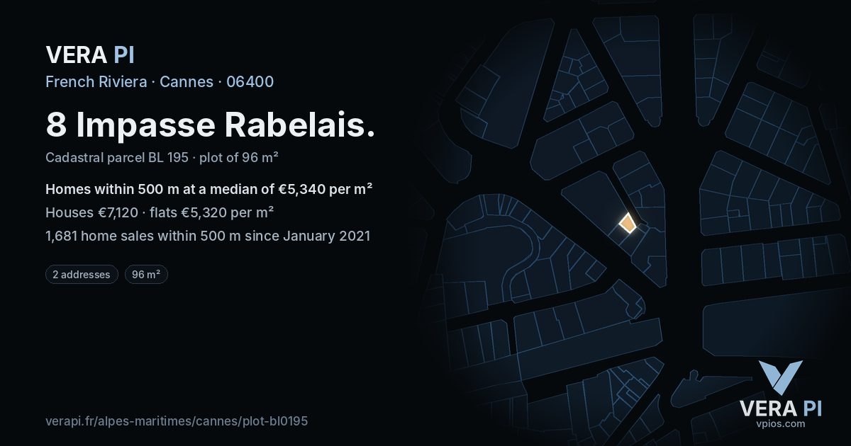8 Impasse Rabelais, Cannes at night – the plot lit, the parcels around coloured by the prices near them
