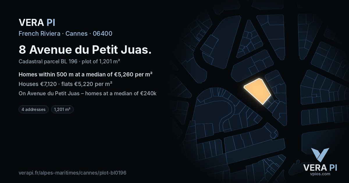 8 Avenue du Petit Juas, Cannes at night – the plot lit, the parcels around coloured by the prices near them