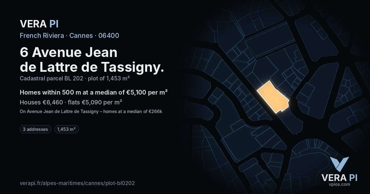 6 Avenue Jean de Lattre de Tassigny, Cannes at night – the plot lit, the parcels around coloured by the prices near them