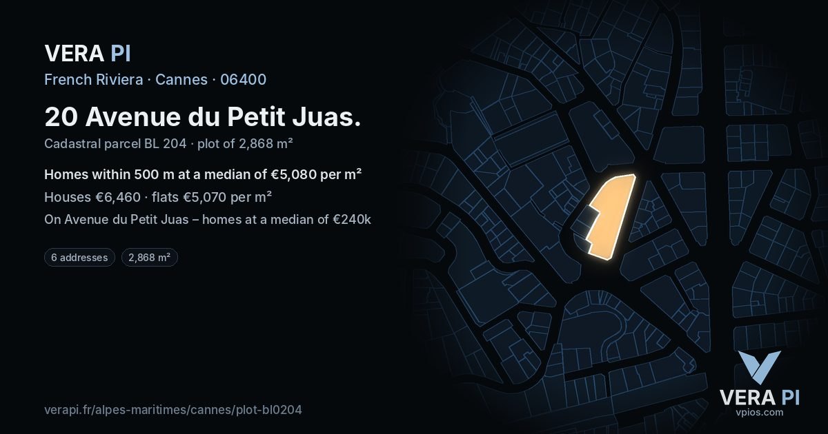 20 Avenue du Petit Juas, Cannes at night – the plot lit, the parcels around coloured by the prices near them