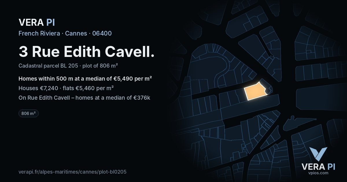 3 Rue Edith Cavell, Cannes at night – the plot lit, the parcels around coloured by the prices near them