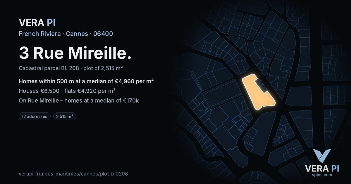 3 Rue Mireille, Cannes at night – the plot lit, the parcels around coloured by the prices near them