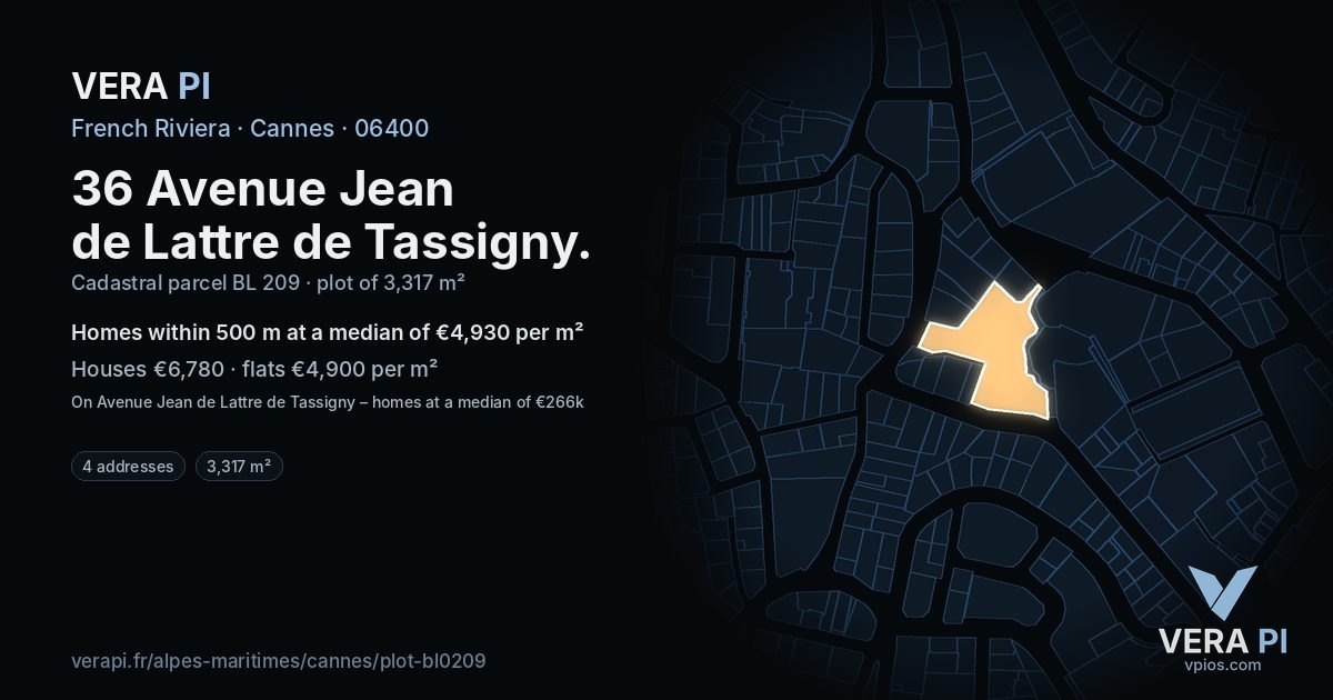 36 Avenue Jean de Lattre de Tassigny, Cannes at night – the plot lit, the parcels around coloured by the prices near them