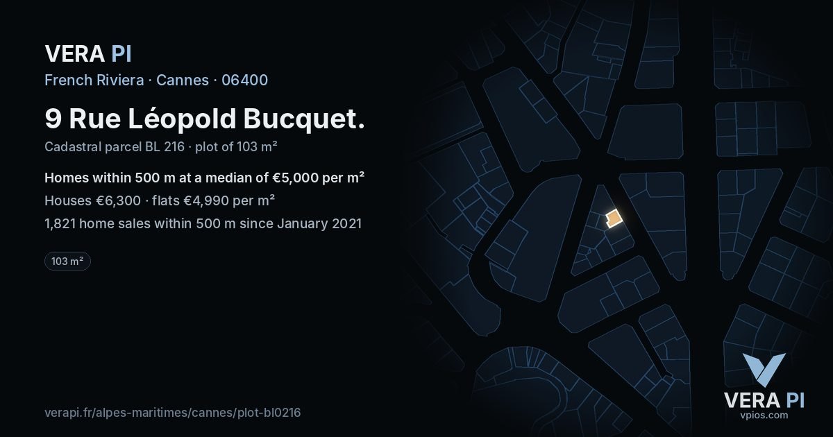 9 Rue Léopold Bucquet, Cannes at night – the plot lit, the parcels around coloured by the prices near them