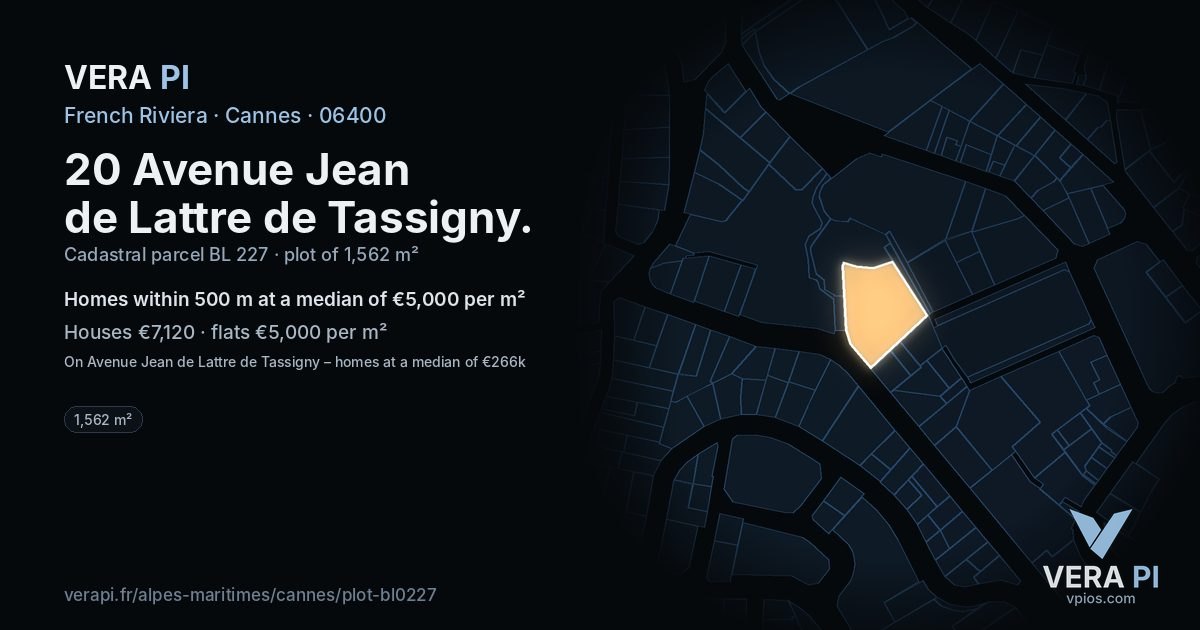 20 Avenue Jean de Lattre de Tassigny, Cannes at night – the plot lit, the parcels around coloured by the prices near them