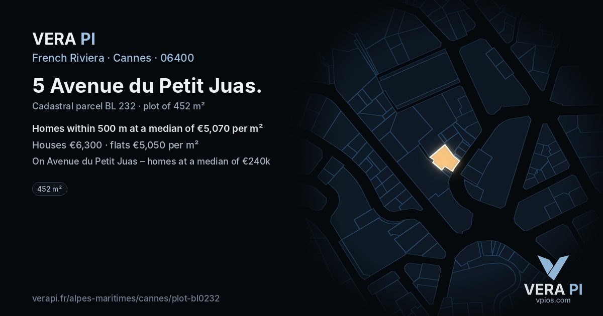 5 Avenue du Petit Juas, Cannes at night – the plot lit, the parcels around coloured by the prices near them