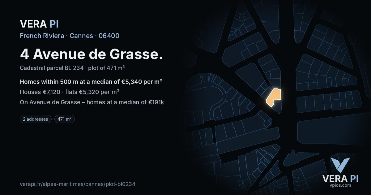 4 Avenue de Grasse, Cannes at night – the plot lit, the parcels around coloured by the prices near them