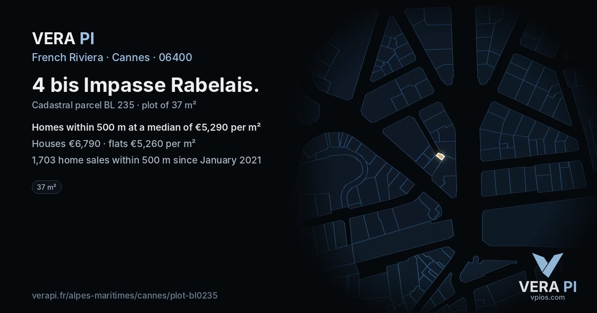 4 bis Impasse Rabelais, Cannes at night – the plot lit, the parcels around coloured by the prices near them