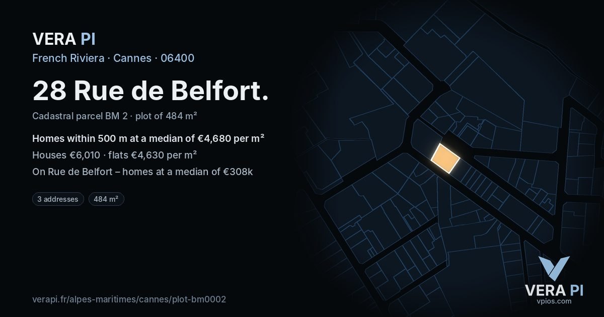 28 Rue de Belfort, Cannes at night – the plot lit, the parcels around coloured by the prices near them