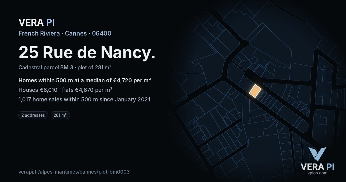 25 Rue de Nancy, Cannes at night – the plot lit, the parcels around coloured by the prices near them