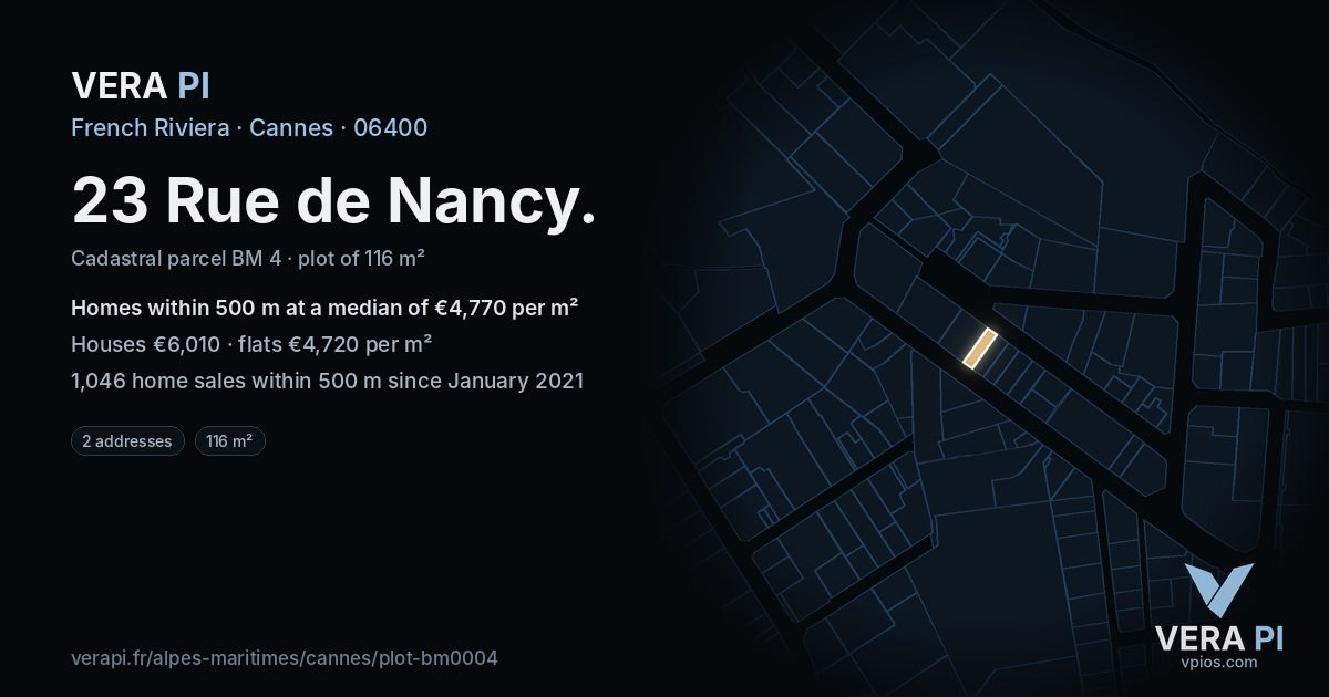 23 Rue de Nancy, Cannes at night – the plot lit, the parcels around coloured by the prices near them