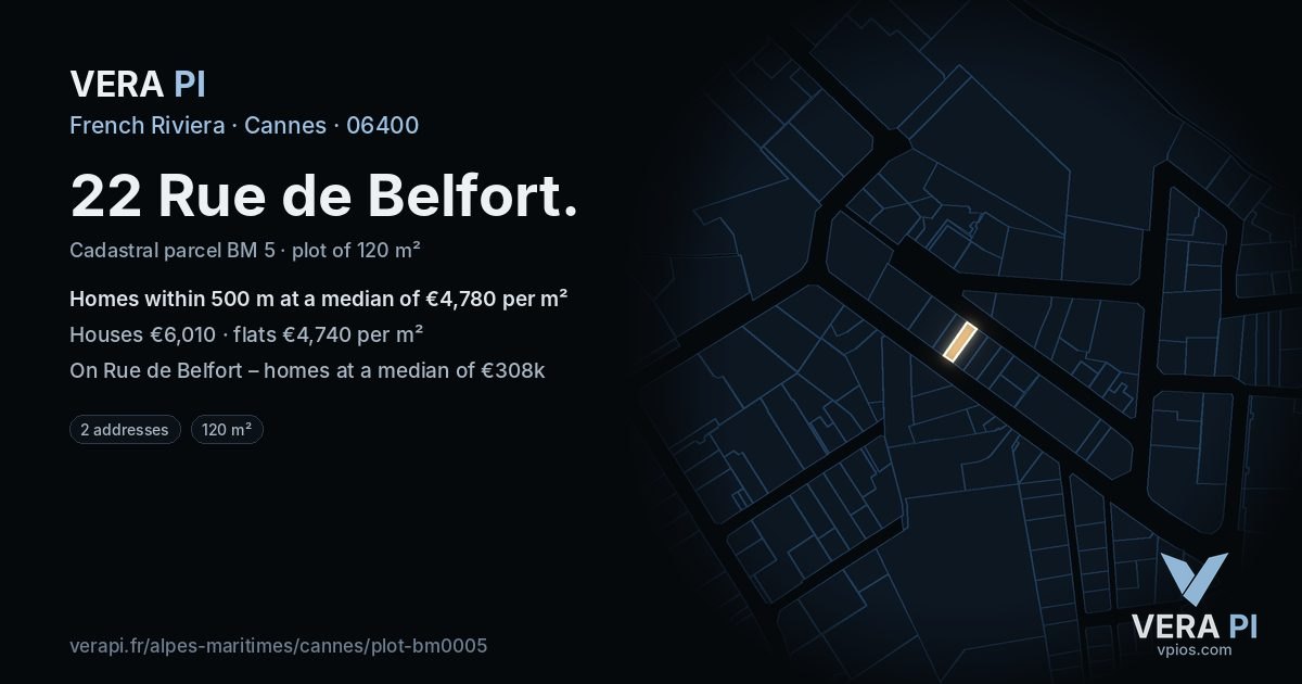 22 Rue de Belfort, Cannes at night – the plot lit, the parcels around coloured by the prices near them