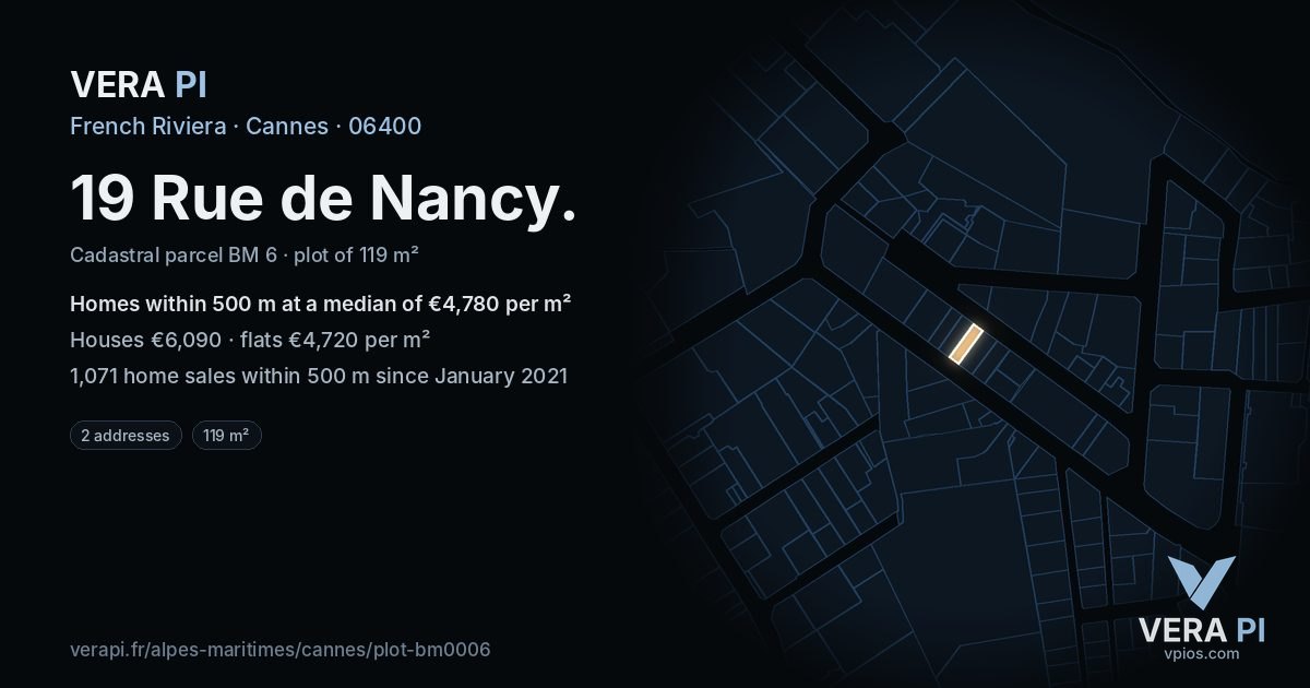 19 Rue de Nancy, Cannes at night – the plot lit, the parcels around coloured by the prices near them