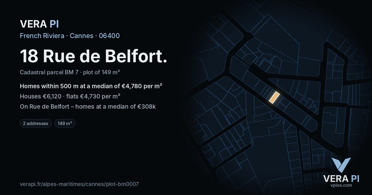 18 Rue de Belfort, Cannes at night – the plot lit, the parcels around coloured by the prices near them