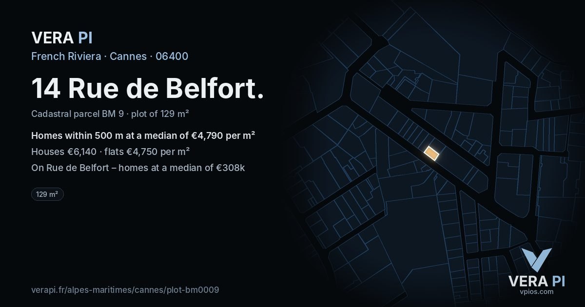 14 Rue de Belfort, Cannes at night – the plot lit, the parcels around coloured by the prices near them