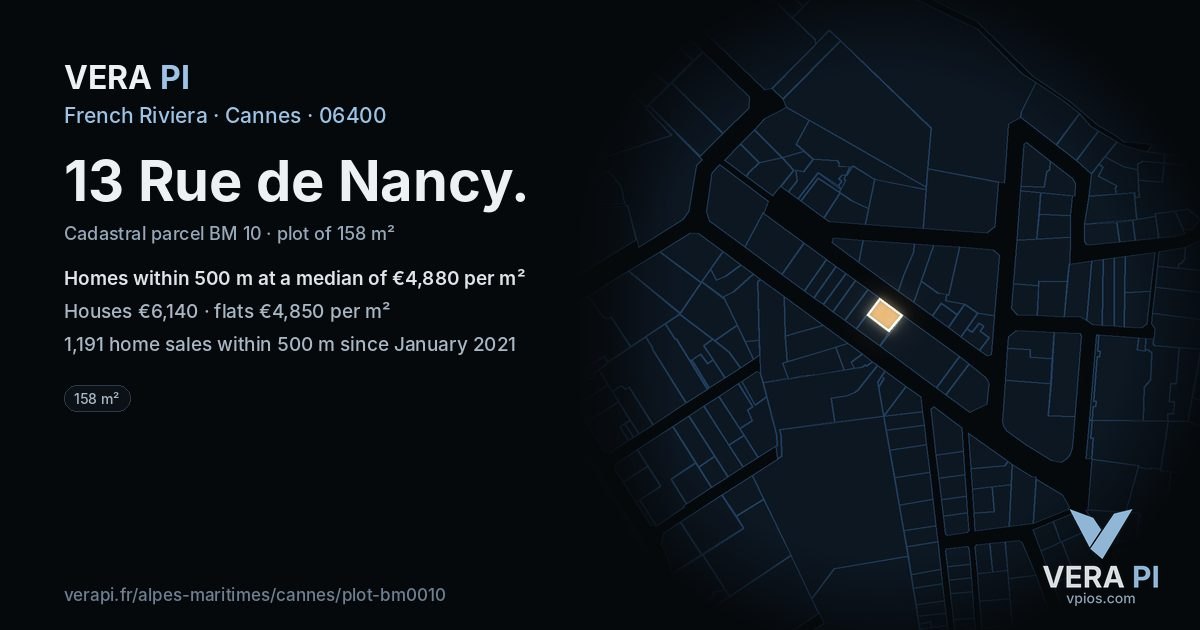 13 Rue de Nancy, Cannes at night – the plot lit, the parcels around coloured by the prices near them