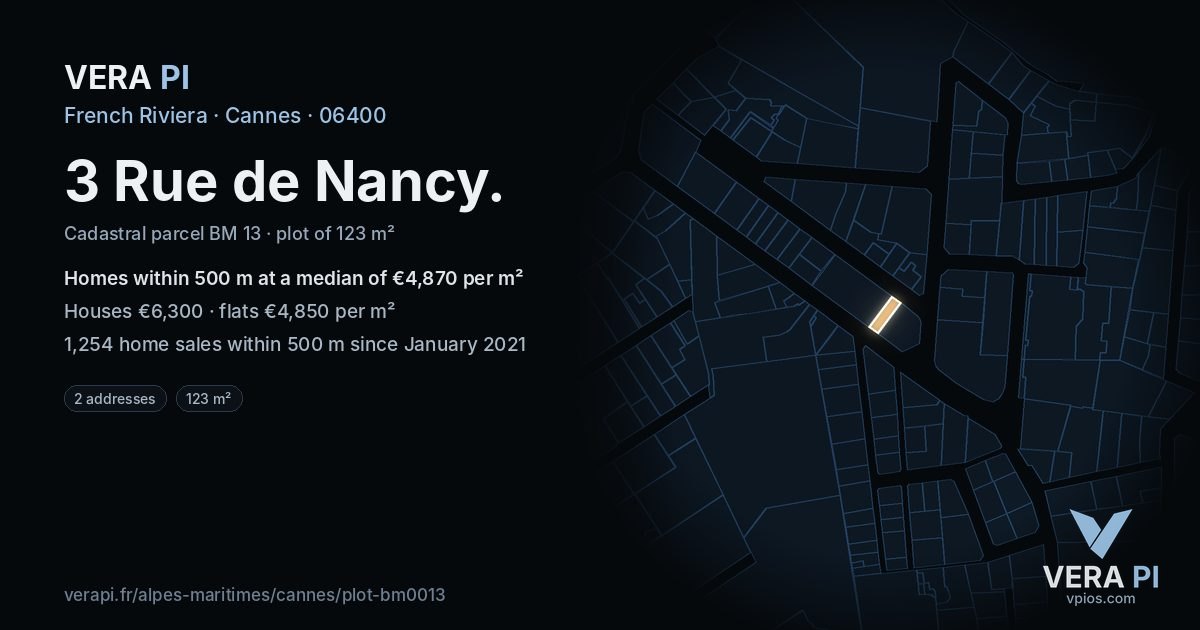 3 Rue de Nancy, Cannes at night – the plot lit, the parcels around coloured by the prices near them