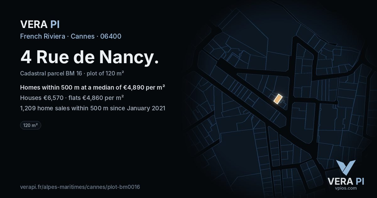 4 Rue de Nancy, Cannes at night – the plot lit, the parcels around coloured by the prices near them