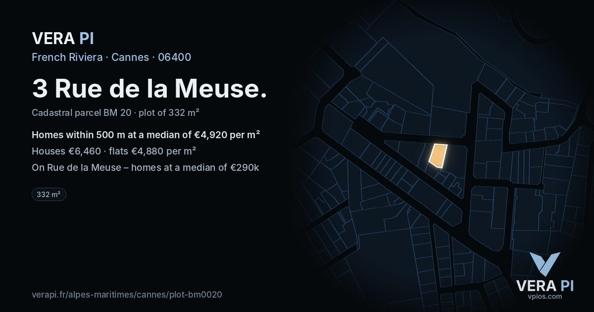 3 Rue de la Meuse, Cannes at night – the plot lit, the parcels around coloured by the prices near them