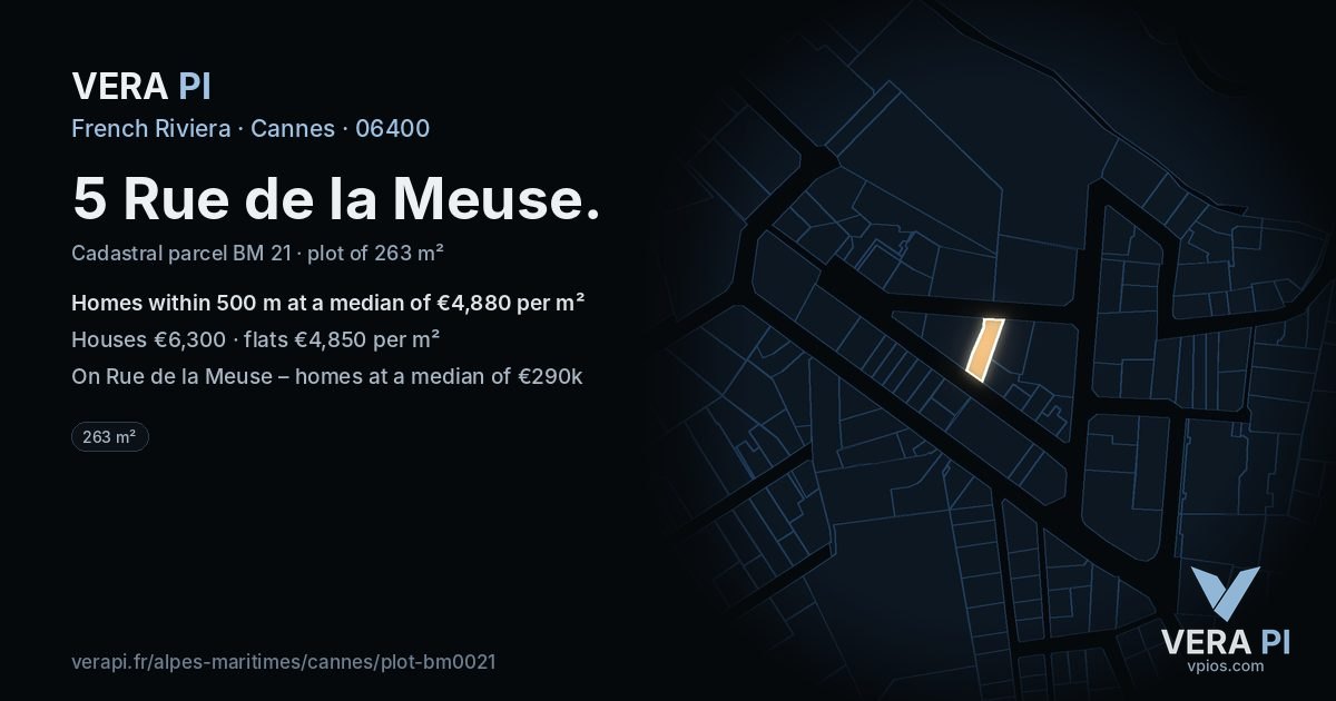 5 Rue de la Meuse, Cannes at night – the plot lit, the parcels around coloured by the prices near them