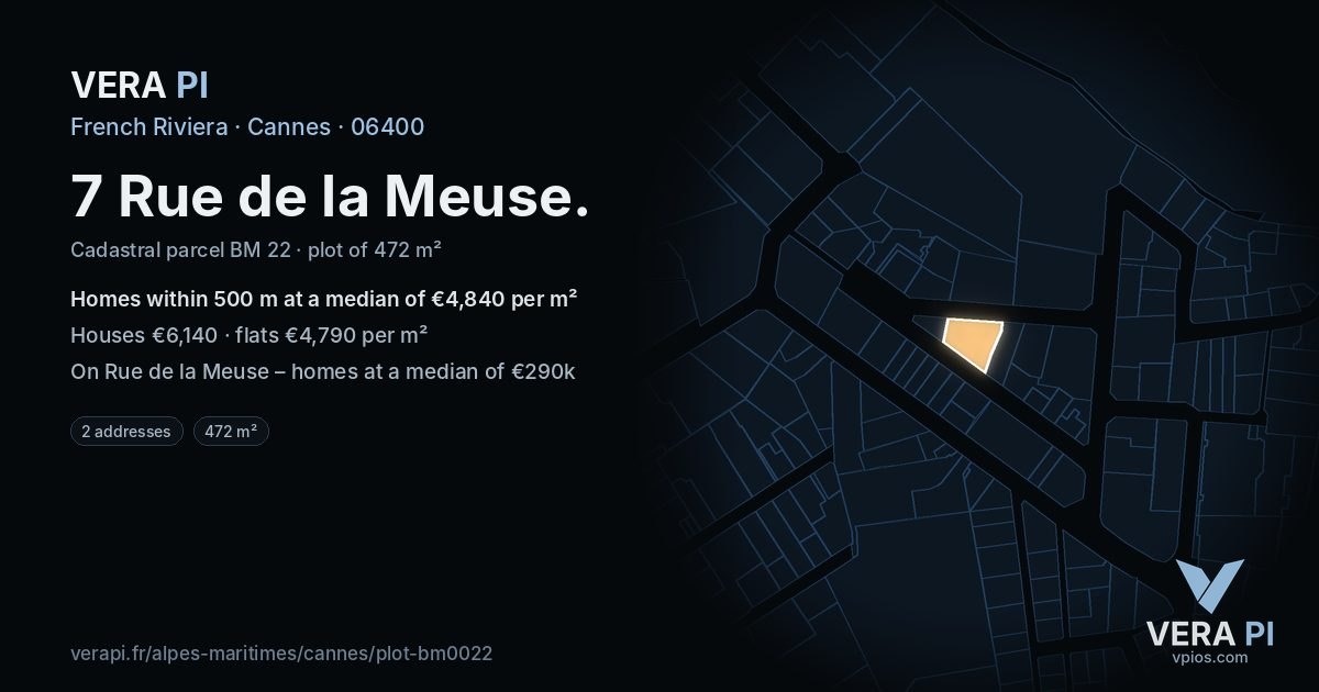 7 Rue de la Meuse, Cannes at night – the plot lit, the parcels around coloured by the prices near them