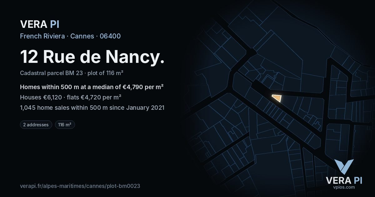 12 Rue de Nancy, Cannes at night – the plot lit, the parcels around coloured by the prices near them