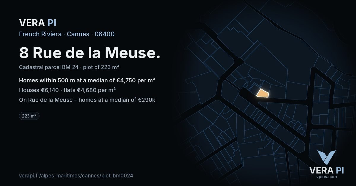 8 Rue de la Meuse, Cannes at night – the plot lit, the parcels around coloured by the prices near them