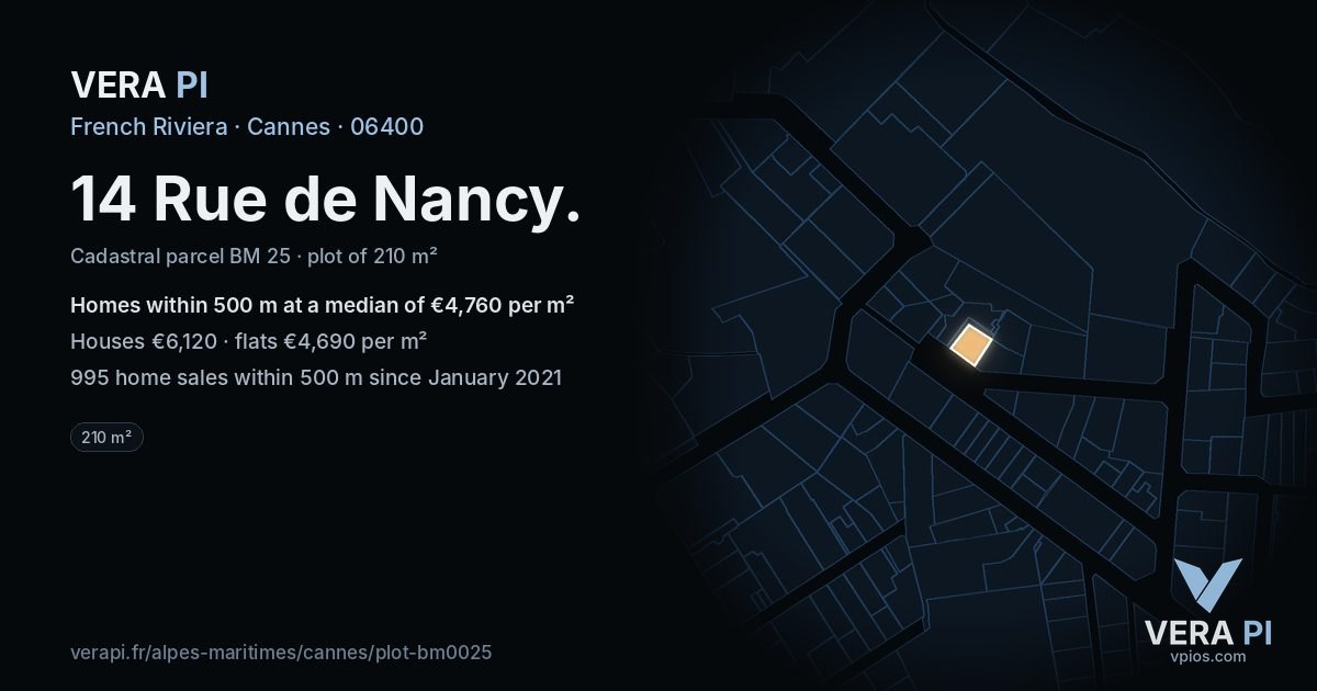 14 Rue de Nancy, Cannes at night – the plot lit, the parcels around coloured by the prices near them
