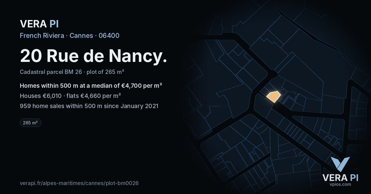 20 Rue de Nancy, Cannes at night – the plot lit, the parcels around coloured by the prices near them
