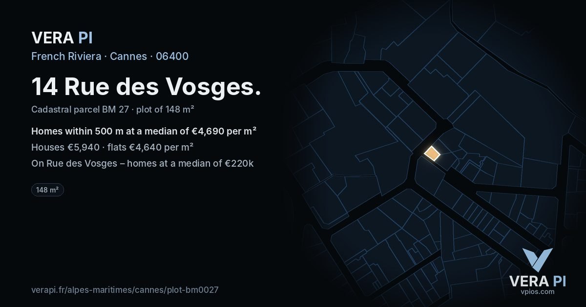 14 Rue des Vosges, Cannes at night – the plot lit, the parcels around coloured by the prices near them