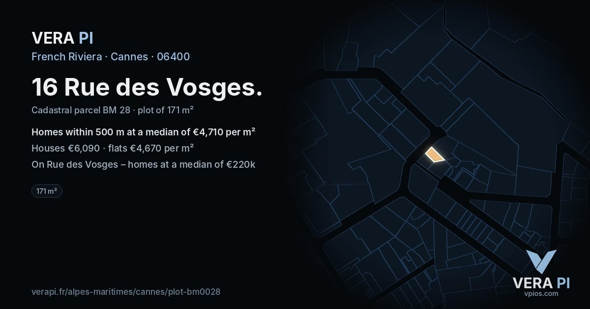 16 Rue des Vosges, Cannes at night – the plot lit, the parcels around coloured by the prices near them